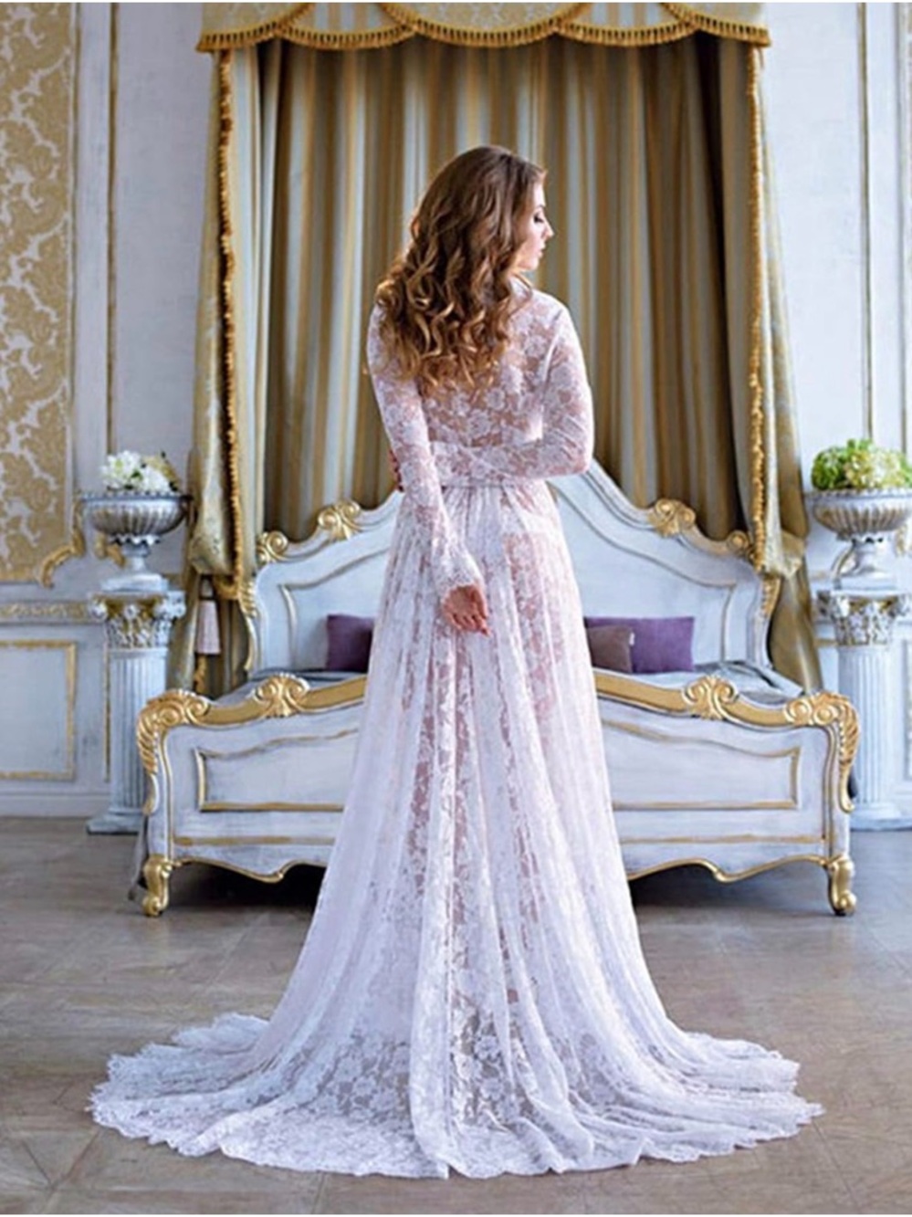 Sheer Maternity Boudoir Deep V-Neck Split Maxi White Lace Dress